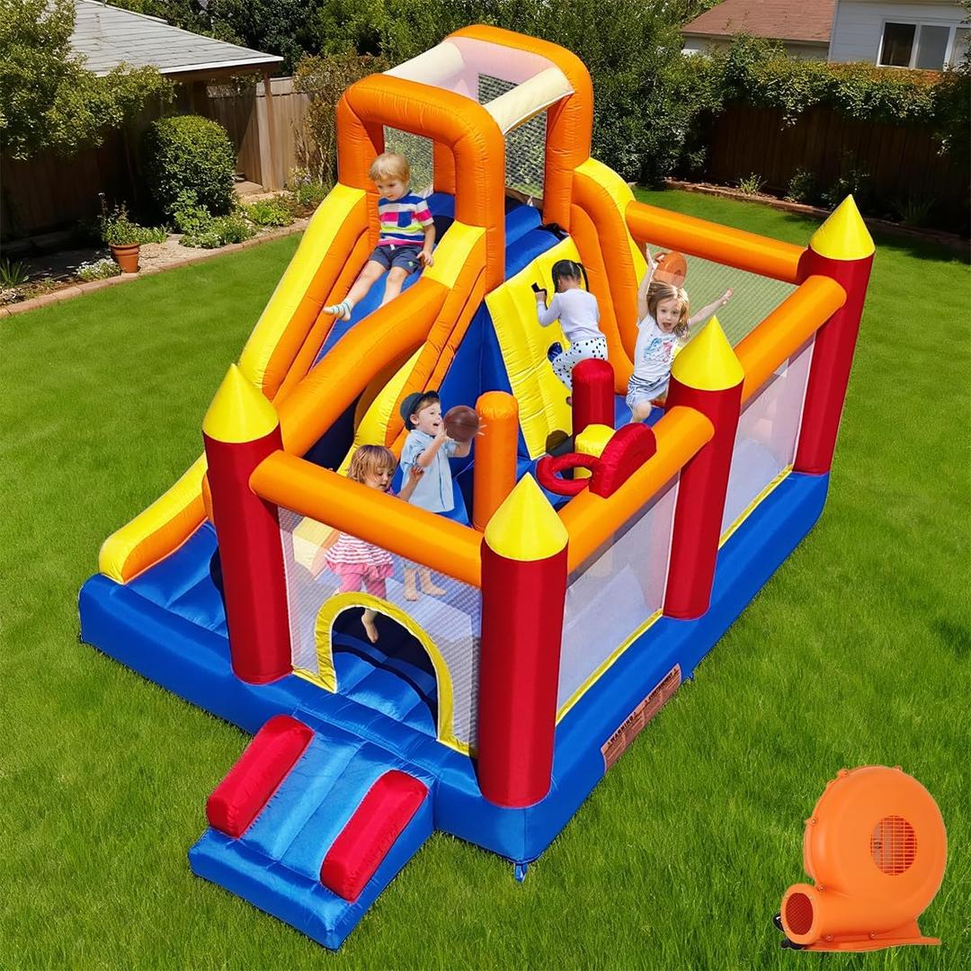 Baralir Inflatable Bounce House with 8.98 * 4.82 Ft Oversized Jump Area, 88'' Extra-Long Slide Kids Bounce House with Climbing Wall, Obstacle Poles & Hoop- Durable & Safe Backyard Fun for Kids, Super large trampoline area