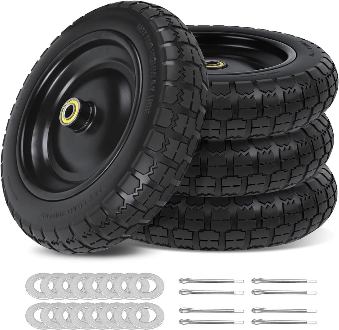 13 Inch Flat Free Wheels Tires 4.00-6 Solid Replacement with Universal 5/8" Axle Bore Hole, 16 Spacers and 8 Pins, for Wheelbarrow, Garden Wagon, Hand Truck, Trolley, Lawn Mower, 4 Pack (13" - 4P)