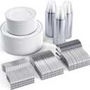 FOCUSLINE 600 Ct Silver Dinnerware Set for 100 Guests - Silver Rimmed Disposable Plastic Plates, Includes 100 Dinner & Salad Plates, Cups, Cutlery Set for Wedding Parties