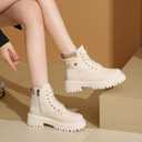 Women's Round Toe Leather High-Top Lace-Up Ankle Boots With Thick Sole And Non-Slip Side Zipper Suitable For Dating, Shopping, And Walking (White) 4.5
