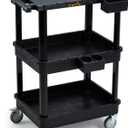 ELAFROS 3-Tier Utility Cart with Flat Top and Deep Shelves, 27.5 x 18.25, Compact Rolling Cart with 4" Wheels, Heavy-Duty Plastic, 330 lbs Capacity for Office, Workshop, Warehouse