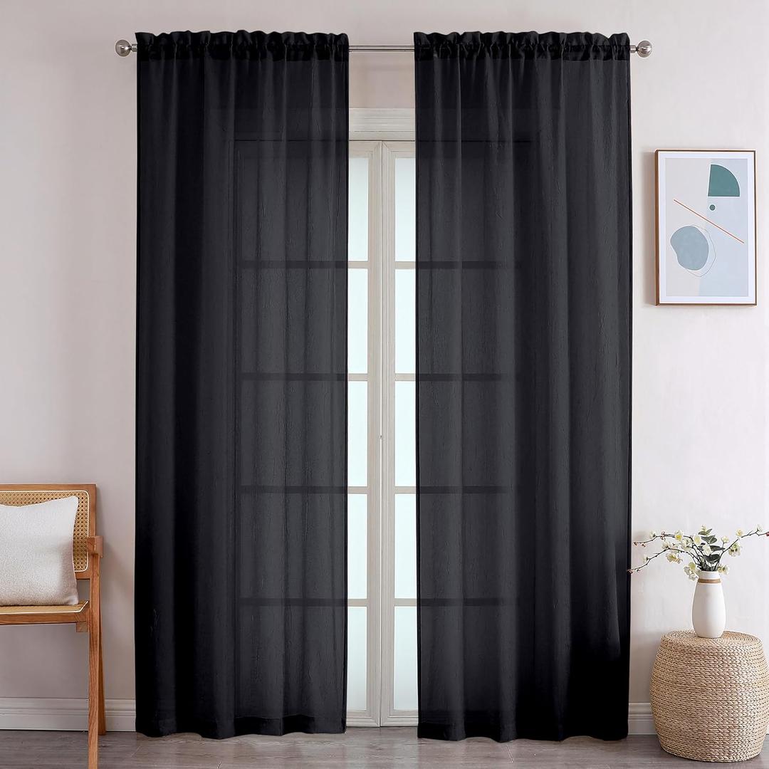 OWENIE Crushed Voile Black Sheer Curtains 96 Inches Long 2 Panles Set for Living Room/Bedroom, Rod Pocket Elegant Crinkled Light Filtering Semi Sheer Drapes, 2 Pieces Total 84" Wide
