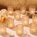 12Pcs Glass Votive Candle Holders, Gold Tea Light Candle Holders Vintage Fall Tealight Candle Holder Bulk for Autumn, Thanksgiving Table Centerpieces, Christmas Decor (Gold)