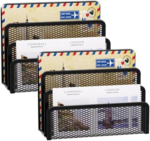 Marbrasse Mail Organizer for Desk, 3-Slot Mesh Metal Mail Holder countertop, Letter Holder, Office Desktop Envelope and Document Storage Rack (2P)
