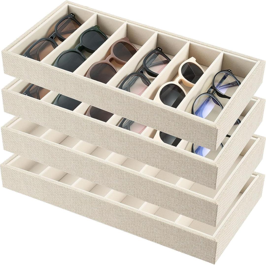 Juexica 4 Pcs Velvet Sunglasses Organizer Tray 6 Grid Sunglass Organizer Velvet Tray Stackable Glasses Display Case for Women Glasses Jewelry Display Watch (Linen)