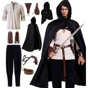 Akokvlar 10 Pcs Men Renaissance Costume Medieval Pirate Shirt Ankle Banded Pants Viking Outfit Set (X-Large, Black)
