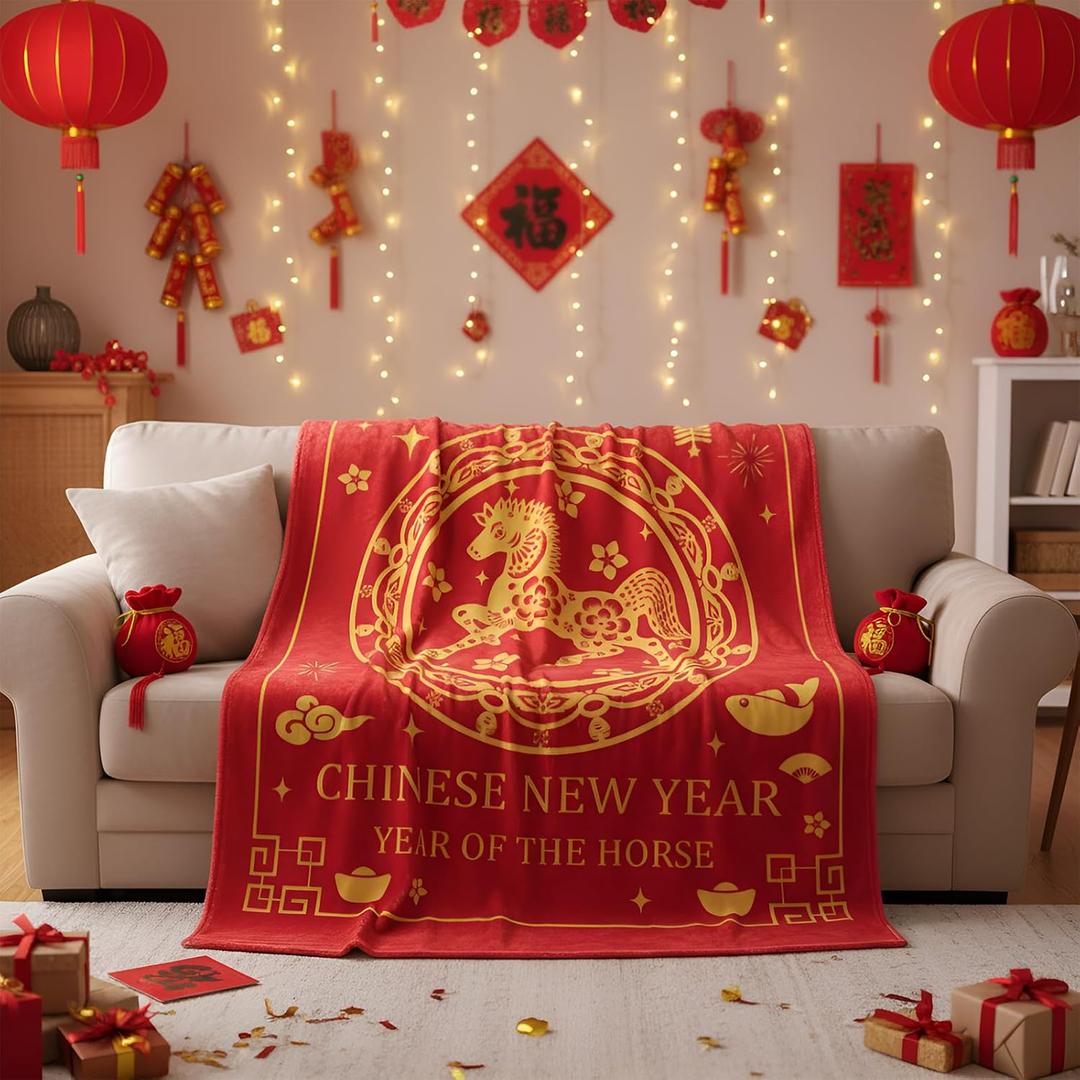 Chinese New Year of The Horse 2026 Gifts Blanket 51 x 59'' Flannel Soft Blanket Throw Lunar New Year of The Horse Decorations for Women Men Couch Bed Sofa Decorative