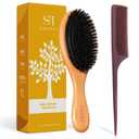Boar Bristle Hair Brush - 100% Soft Boar Bristle Brush for Women Men Kids Restore Shine and Fine - Wooden Slick Back Hairbrush with Plastic Tail Comb for Short Thin Dry Hair (Brown)