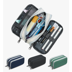 Della Gao Large Pencil Case, Big Capacity Pencil Pouch with 3 Compartments, Office Pencil Bag with Zipper, Big Pen Case for Adults (Beige-03RH) Pack of 2