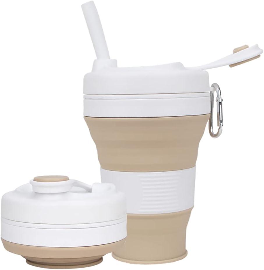 Silicone Coffee Cup with Straw lid Collapsible Cups for Traveling 20oz Lightweight Folding Water Mug for Picnic Hicking Camping Climbing (Khaki)