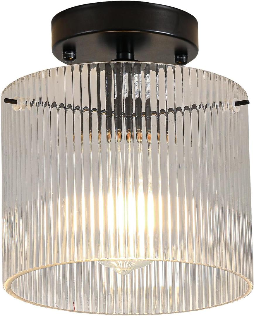 Modern Semi Flush Mount Ceiling Light, Industrial Clear Glass Ceiling Light, Crystal Ceiling Lamp, Farmhouse Hallway Light Fixtures for Entryway Kitchen Dining Room, Black