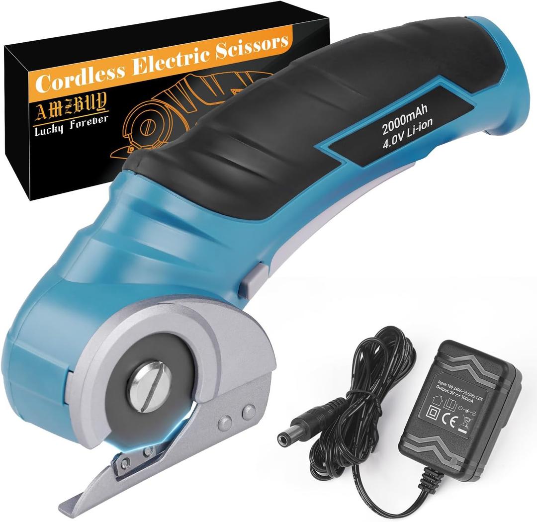 Cordless Electric Scissors Cardboard Cutter- AMZBUY 4V Rotary Cutter with Self-Sharpening Blade Rechargeable Box Cutter for Cardboard Recycling, Carpet Cutting Tool for Plastic, for Father's Day Gifts (Dark Blue)