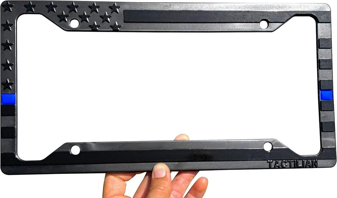 TACTILIAN American Flag License Plate Frame - Subdued 3D Embossed USA Flag in Black Gloss on Matte Finish for Car, Truck or SUV (Thin Blue Line)