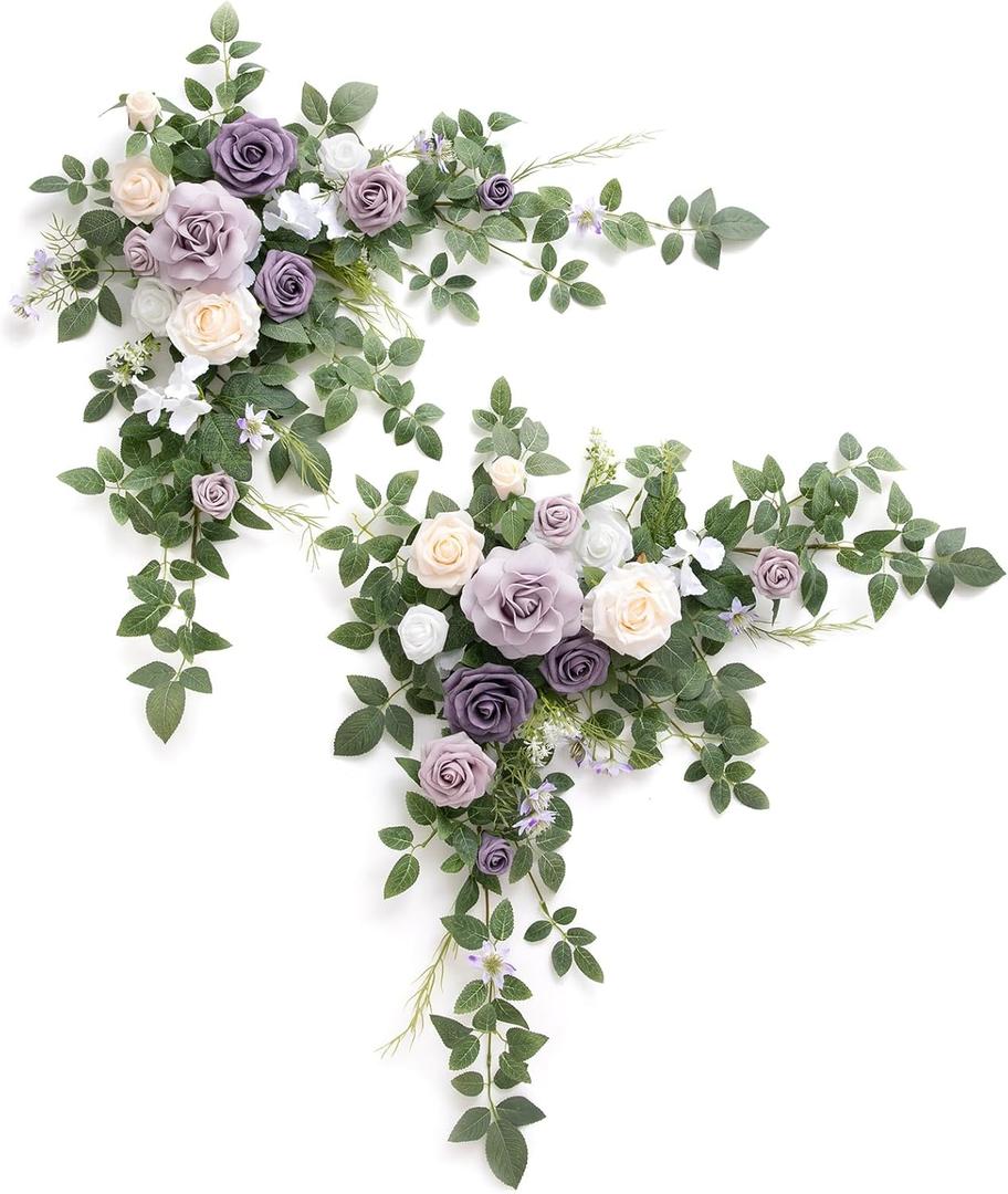 Ling's moment 2PCS Artificial Flower Garland Light Purple Floral Swags Wedding Arch Flowers Lilac Table Centerpieces Decoration Rose Garlands Greenery Arrangements for Sweetheart/Head Table Decor
