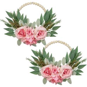 DILATATA 10" Artificial Floral Wood Bead Wreaths - Eucalyptus Leaves, Rose, Hydrangea - Boho Farmhouse Wall Decor - 2 Pack - Pink