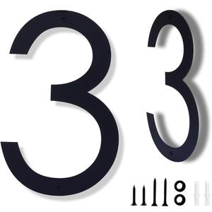 12 Inch Modern Metal Black House Numbers for Outside - Floating Address Number 3 With Nail Kit for Door
