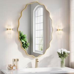 ULIKE Gold Wavy Mirror for Bathroom, 36x24 Oval Vanity Mirror for Over Sink, Metal Frame Tempered Glass Asymmetrical Wall Decor, Bedroom Living Room Entryway, Horizontal/Vertical