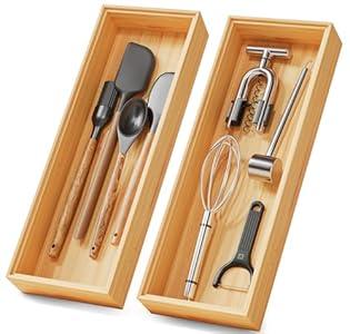 Bamboo Kitchen Drawer Organizer Boxes – 14" x 5" Stackable Wood Silverware Utensil Tray for Drawers Bins Cutlery & Flatware Storage – Wooden Pantry Organizers Set of 2 for Junk Drawer Bathroom Rv