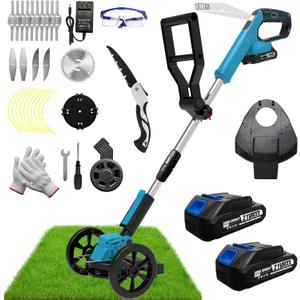 Electric Weed Wacker Cordless Eater Lightweight Edger Battery Powered Grass Trimmer/Lawn Edger/Mower/Brush Cutter, with 5 Types Blades and 2 Types Wheels for Yard and Garden Weeder Tool-Blue