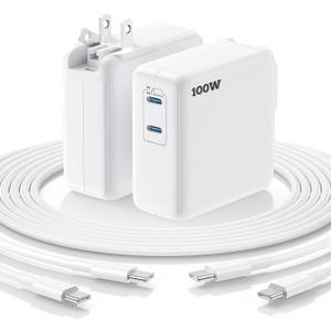 Essri MacBook Pro Charger,100W USB C Charger 2Pack with Foldable Plug,Dual 65W Ports Fast Charging for MacBook Pro Air,iPad Pro,iPhone 17/16/15,Includes 6FT+10FT USB C to C Cables - White