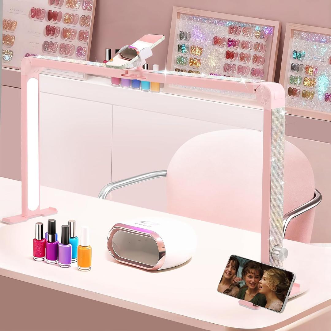 Nail Tech Lamp for Desk, 34 in Large Half Moon Light with Phone Holder, 48W Brightness Adjustable Lash ARC Light for Manicure, Tattoo, Spa, Salon, 3000K-6000K LED Manicure Lamp(Pink)