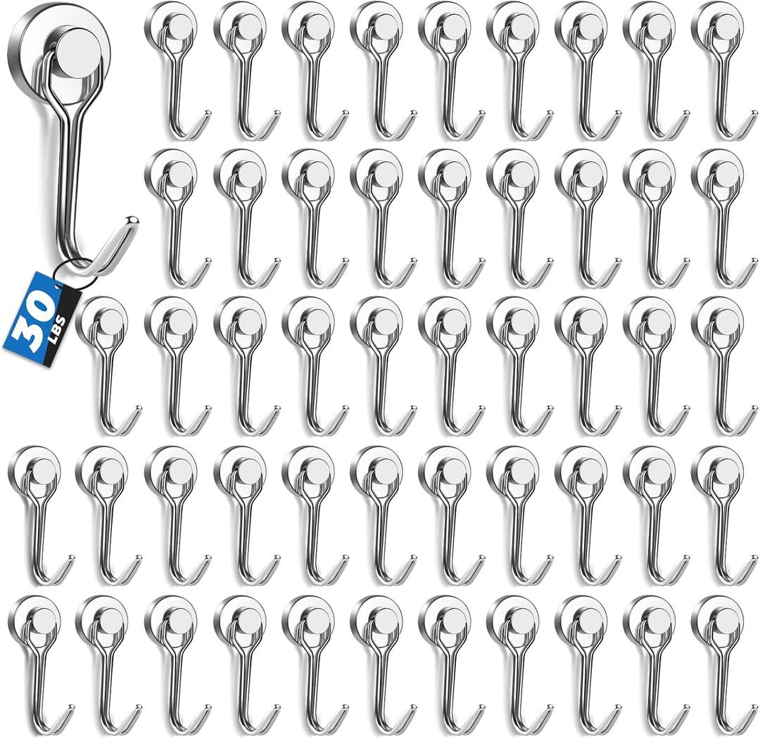 E BAVITE Swivel Swing Silver Magnetic Hooks,30LBS Powerful Strong Neodymium Rare Earth Magnet Hook. Perfect for Refrigerator, Kitchen and Other Surfaces, Pack of 50