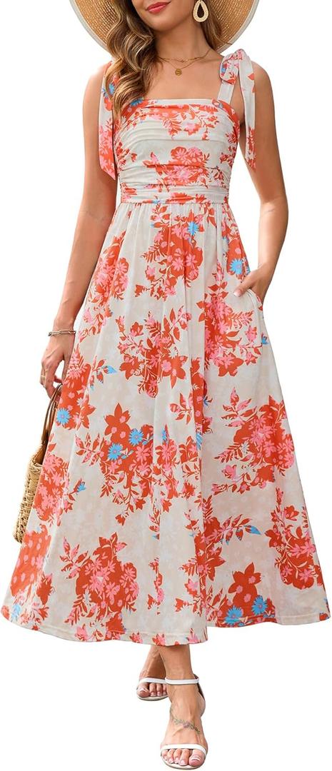 Zattcas Womens 2026 Summer Spaghetti Strap Floral Maxi Dress with Pockets Smocked Flowy Long Beach Vacation Sundresses (Large, Tangerine)
