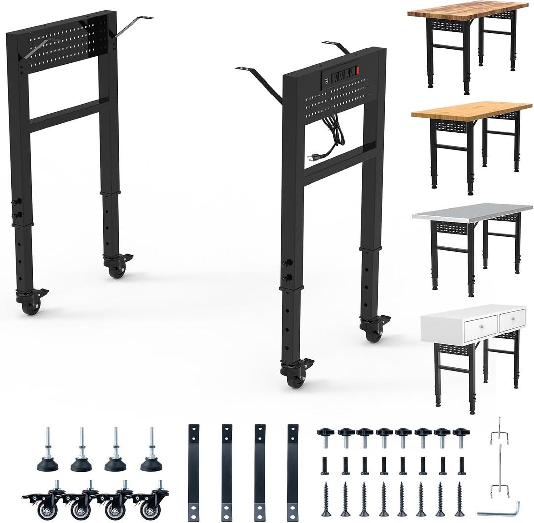 28"-47" Adjustable Workbench Legs with Power Strip | 19.7" Wide Heavy Duty Metal Table Legs | Industrial Desk Frame with 4 Locking Wheels & 4 Feet | Versatile DIY Base for Garage, Study & Crafting