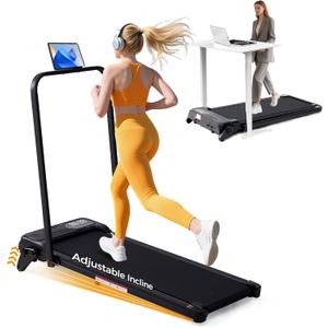 Folding Foldable Walking Pad Treadmill with Handle Bar and Adjustable Incline, 3.5HP Portable Electric Treadmills with Handles for Home Small, Home Treadmills with Incline, 0.6-7.6MPH, 350LBS (Black 2)