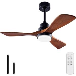 BOJUE 42 Inch Black Ceiling Fans with Lights and Remote,Dimmable LED Light,Quite Reversible DC Motor,Memory Function,Modern Solid Wood Indoor Outdoor Ceiling Fan with Light for Office Patios