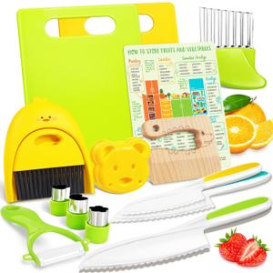 Suhctuptx Kids Knife Set For Real Cooking, Kids Kitchen Knives with Cutting Board Crinkle Cutters Food Conversion Chart & Cleaning Tools, Christmas Birthday Gifts Toddler Toys for Girls Boy Age 2-10 (Green and Yellow)