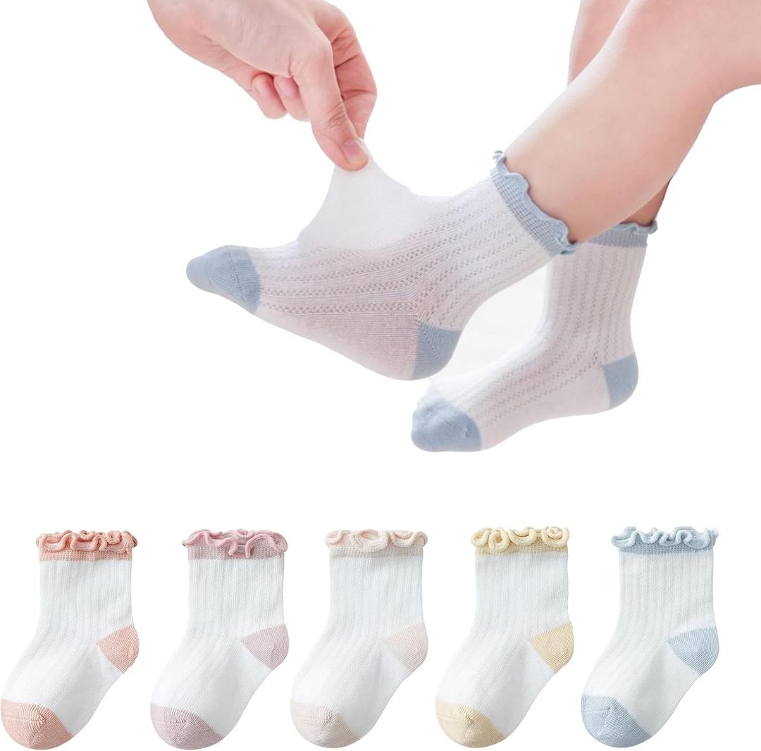 Baby Toddler Ruffle Socks Newborn Infant Girls Cotton Socks Unisex 5 Pairs (0-12 Months, White/Yellow/Beige/Pink/Green)