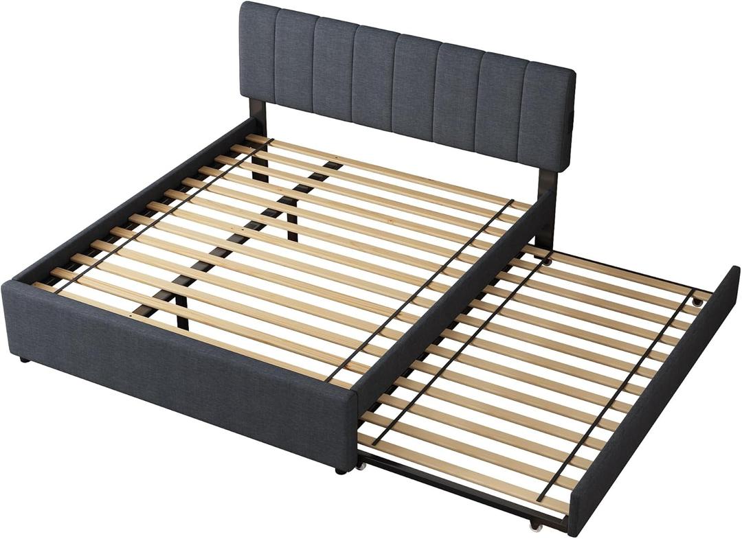 FAVSH Queen Size Upholstered Platform Bed with Trundle and 1 Sets of USB, Linen Fabric Full and Twin Double Bed w/ LED Lights with APP for Bedroom, Dark Gray