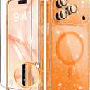BERFY for iPhone 17 Pro Max Case for Women, Compatible with MagSafe, Clear Glitter Shockproof Protective Case, Anti-Yellowing, with Screen Protector & 3 Diamond Camera Lens Covers 6.9", Star Orange (Sparkle Cosmic Orange)