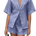 Milumia Women's 2 Piece Outfit Button Front Collared V Neck Short Sleeve Shirt Shorts Sets, Small