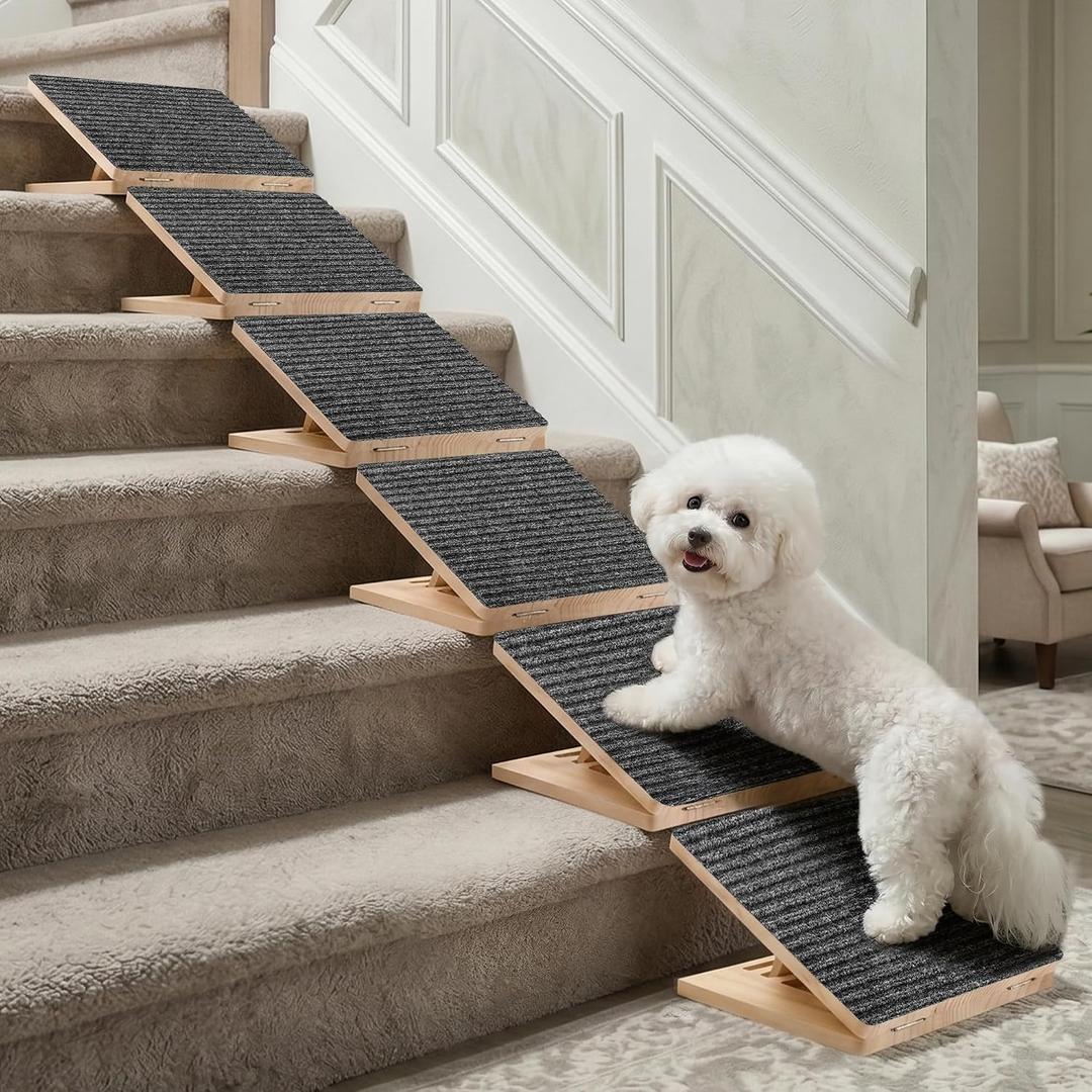Dog Ramp for Stairs 6 Pack - Adjustable Wooden Stair Wedges for Small Dogs, Foldable Indoor Dog Stair Ramp with Triangular Support and Non-Slip Pads for Senior and Short-Legged Pets