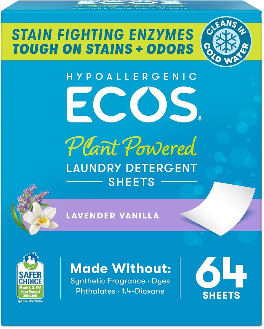 ECOS Laundry Detergent Sheets Vegan, No Plastic Jug, No Mess, Liquid Free - Hypoallergenic, Plant Powered Laundry Detergent Sheet - Lavender Vanilla - 64 Count (Pack of 1)