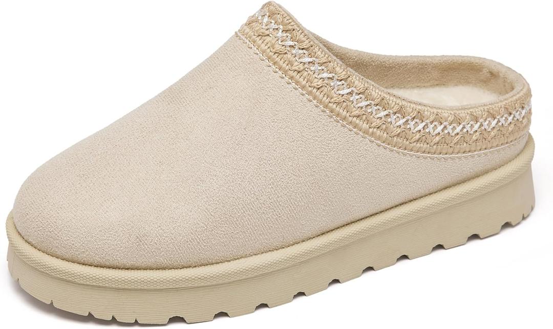 Women's Fuzzy Cozy Warm Slippers Indoor and Outdoor Slip On Cute House Fluffy Clogs (Beige)