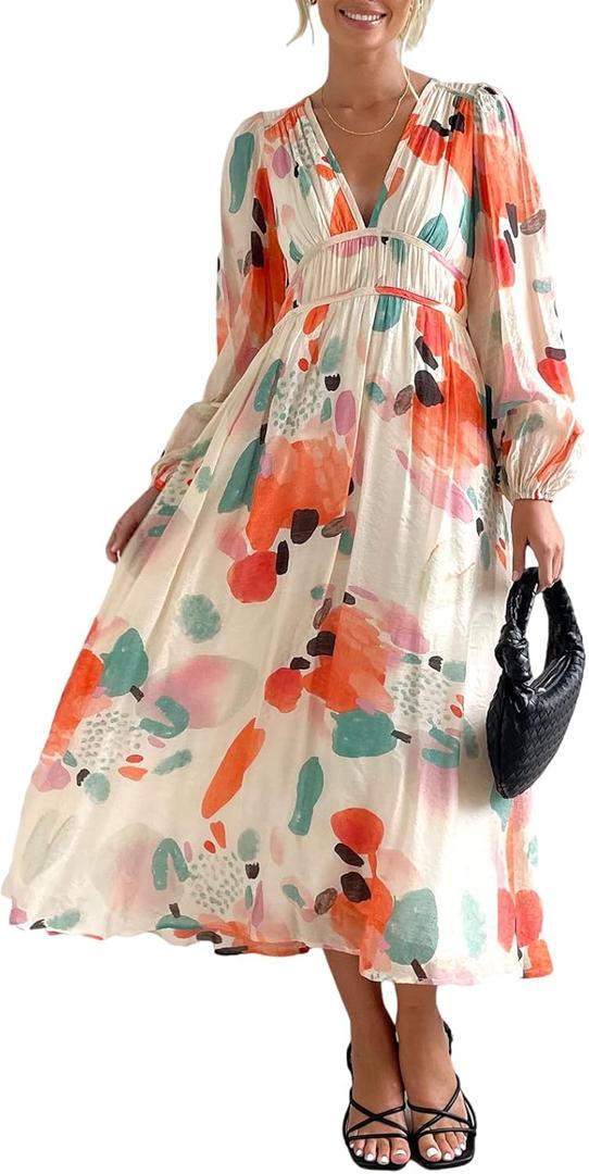 Sissyaki Womens Long Sleeve Summer Maxi Dress 2026 Floral Dress Spring Wedding Guest Dress Red-Watercolour L