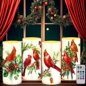 Tiamon 4 Pcs Christmas Red Bird Candles LED Bird Theme Flameless Candles Set LED Warm Light Flickering Xmas Pillar Decor for Holiday Table Decorations