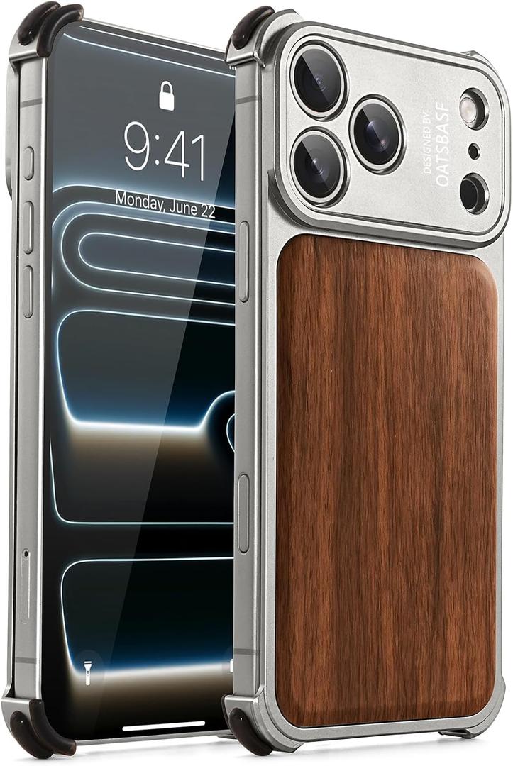 OATSBASF for iPhone 17 Pro Case, Full Camera Protection, Compatible with MagSafe Charger, Metal Frame Wood Grain Back Panel Phone Case, Natural Titanium