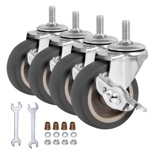 3 Inch Caster Wheels, Threaded Stem Casters Set of 4, Heavy Duty Wheel with Brake, Metric Size M8-1.25-25 (Screw Diameter 8mm, Screw Length 25mm) Casters for Wire Shelving, Furniture Dolly