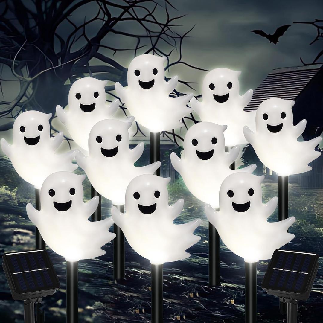 Solar Halloween Ghost Pathway Lights, 10 Pack 3D Lighted Outdoor Stake Decorations, Waterproof LED Yard and Garden Lights for Halloween Pathway, Lawn, Patio, and Holiday Decor (Cool White)