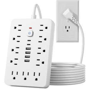 JouleLoom 15 FT Flat Plug Surge Protector Power Strip,11 Multiple AC Outlets with 6 USB Ports (2 USB C), 15 Feet Extension Cord, 1250W/10A, One Touch Switch Button, White