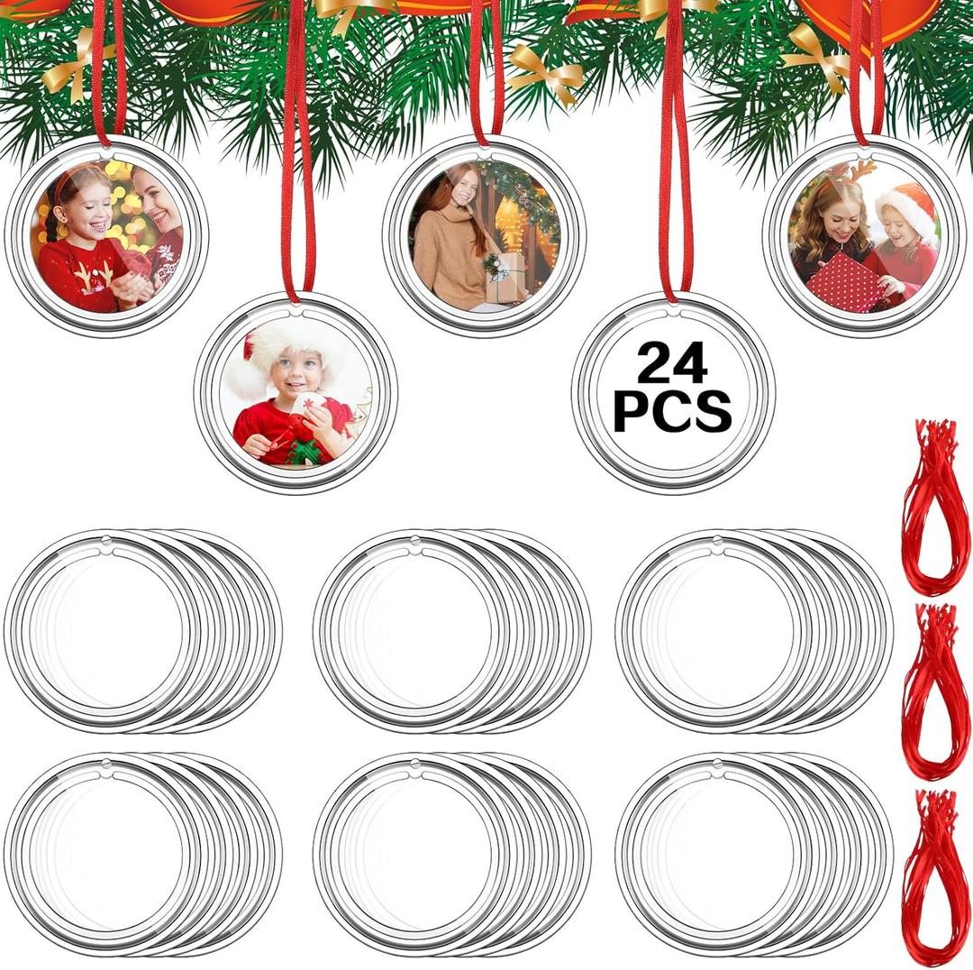 Sumind 24 Pcs Christmas Plastic Round Photo Ornament with 24 Red String 2.75 Inch Clear Hanging Picture Frames Ornament DIY Photo Christmas Ornaments for Xmas Tree Decoration Artwork Embroidery