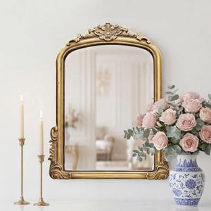 Vintage Arched Wall Mirror, Baroque Carved Frame, 22 x 15.8 Inch | Distressed antique gold finish, classic European style, handcrafted carved detailing, suitable for bathroom vanity, bedroom
