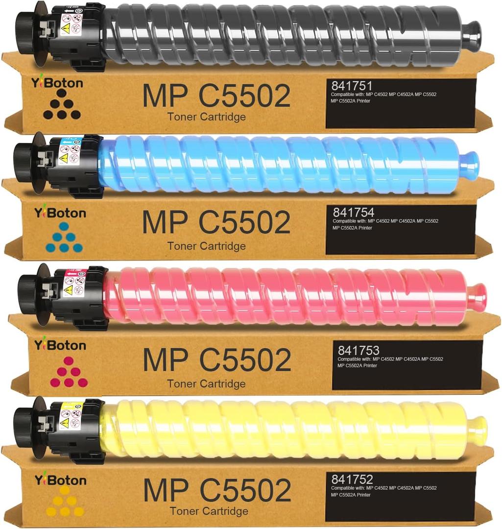 MP C4502 C5502 Toner Cartridge 841751 841752 841753 841754 Toner Compatible with Aficio/Savin/Lanier MP C4502 C4502A C5502A C5502 Printer Black Cyan Magenta Yellow (YBT-MPC4502 BCMY)