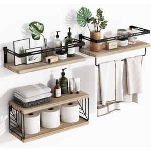 Fixwal 3+1 Bathroom Shelves Over Toilet, Floating Shelves Wall Mounted with Metal Frame and Towel Bar for Bathroom, Kitchen, Bedroom, Living Room (Rustic Brown)