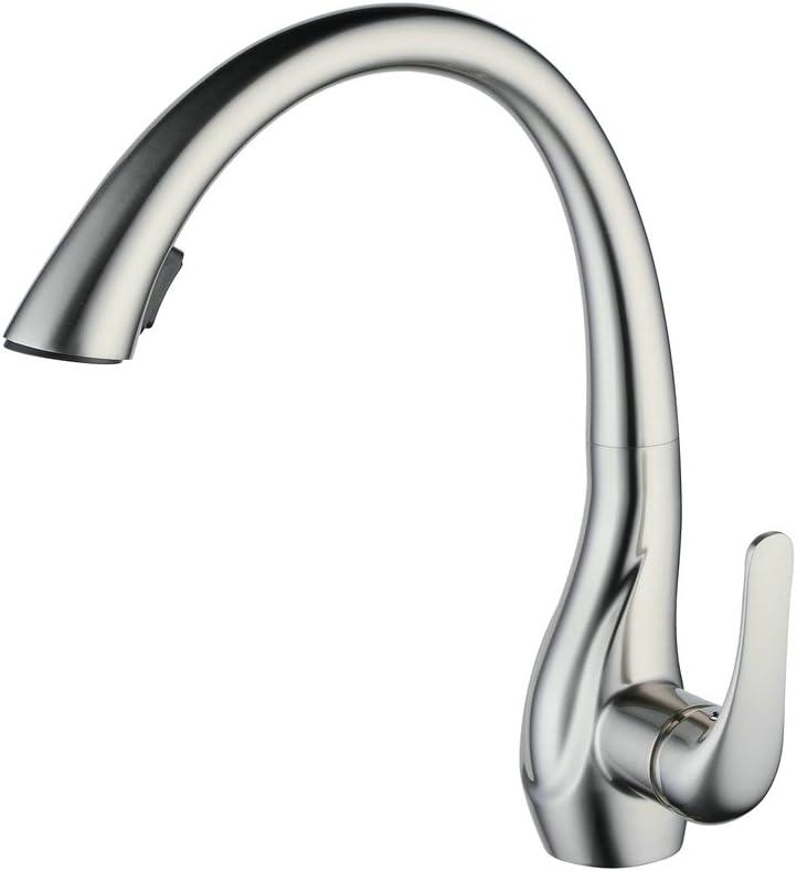 Beelee BL1749N 14" Professional Single Lever Brushed Nickel Pull Out Sprayer Kitchen Faucets, Commercial Deck Mounted Kitchen Pull Down Taps (13.78")