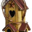 Glitzhome Birdhouses for Outdoors,Hummingbird Houses for Outside, 11.5"H Yellow Hand Painted Distressed Solid Wood Bird Nesting Box Decorative Birdhouse with Rattan Hanging Bird House for Patio Garden